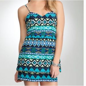 BEBE Y2K Tiered Skirt Aztec Print Cage Back Dress Size Medium